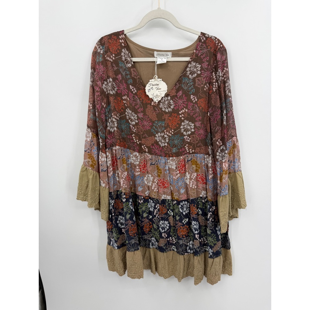 Paisley Vine Floral Tiered Mini Dress Womens XL Multi Brown Boho Bell Sleeve NEW
